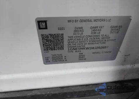 2021 Chevrolet Traverse Awd Lt Leather from USA, damaged, VIN 1GNEVHKW1MJ202697